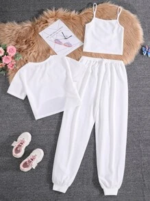 Teen Girls Butterfly Print Cami Top & Joggers & High Low Tee - White - View 2