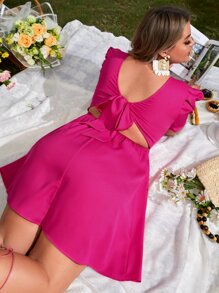 SHEIN Privé Plus Tie Backless Puff Sleeve Dress - Hot Pink - View 4