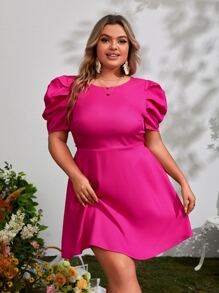 SHEIN Privé Plus Tie Backless Puff Sleeve Dress - Hot Pink - View 2