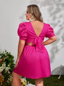 SHEIN Privé Plus Tie Backless Puff Sleeve Dress - Hot Pink - View 1