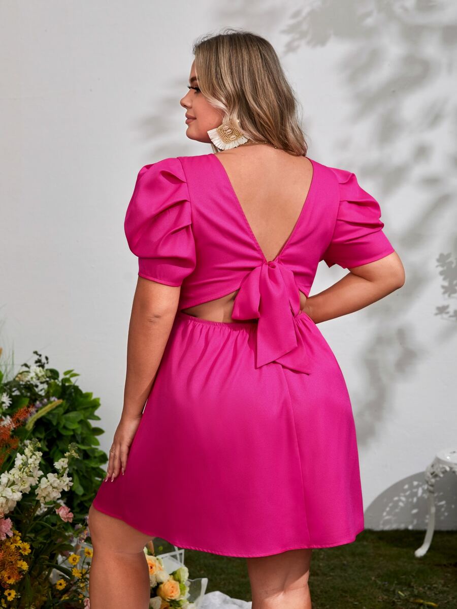 SHEIN Privé Plus Tie Backless Puff Sleeve Dress - Hot Pink - View 1