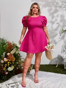 SHEIN Privé Plus Tie Backless Puff Sleeve Dress - Hot Pink - View 3