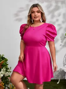 SHEIN Privé Plus Tie Backless Puff Sleeve Dress - Hot Pink - View 5