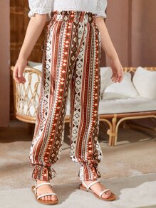 SHEIN Chicas Pantalones con estampado geométrico bajo con fruncido - Multicolor - Ver 4