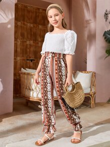 SHEIN Chicas Pantalones con estampado geométrico bajo con fruncido - Multicolor - Ver 5