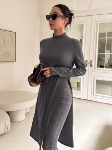 DAZY Mock Neck Split Hem Longline Tee Long Sleeve - Dark Grey - View 1