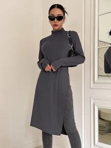 DAZY Mock Neck Split Hem Longline Tee Long Sleeve - Dark Grey - View 2