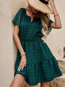 SHEIN VCAY Swiss Dot Notched Neck Ruffle Hem Dress - Dark Green - View 2
