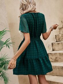 SHEIN VCAY Swiss Dot Notched Neck Ruffle Hem Dress - Dark Green - View 3