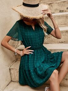 SHEIN VCAY Swiss Dot Notched Neck Ruffle Hem Dress - Dark Green - View 4