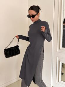 DAZY Mock Neck Split Hem Longline Tee Long Sleeve - Dark Grey - View 3
