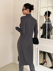 DAZY Mock Neck Split Hem Longline Tee Long Sleeve - Dark Grey - View 4