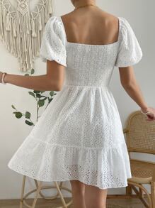 SHEIN VCAY Vestido schiffy de cuello cuadrado de manga farol bajo con fruncido - Blanco - Ver 2