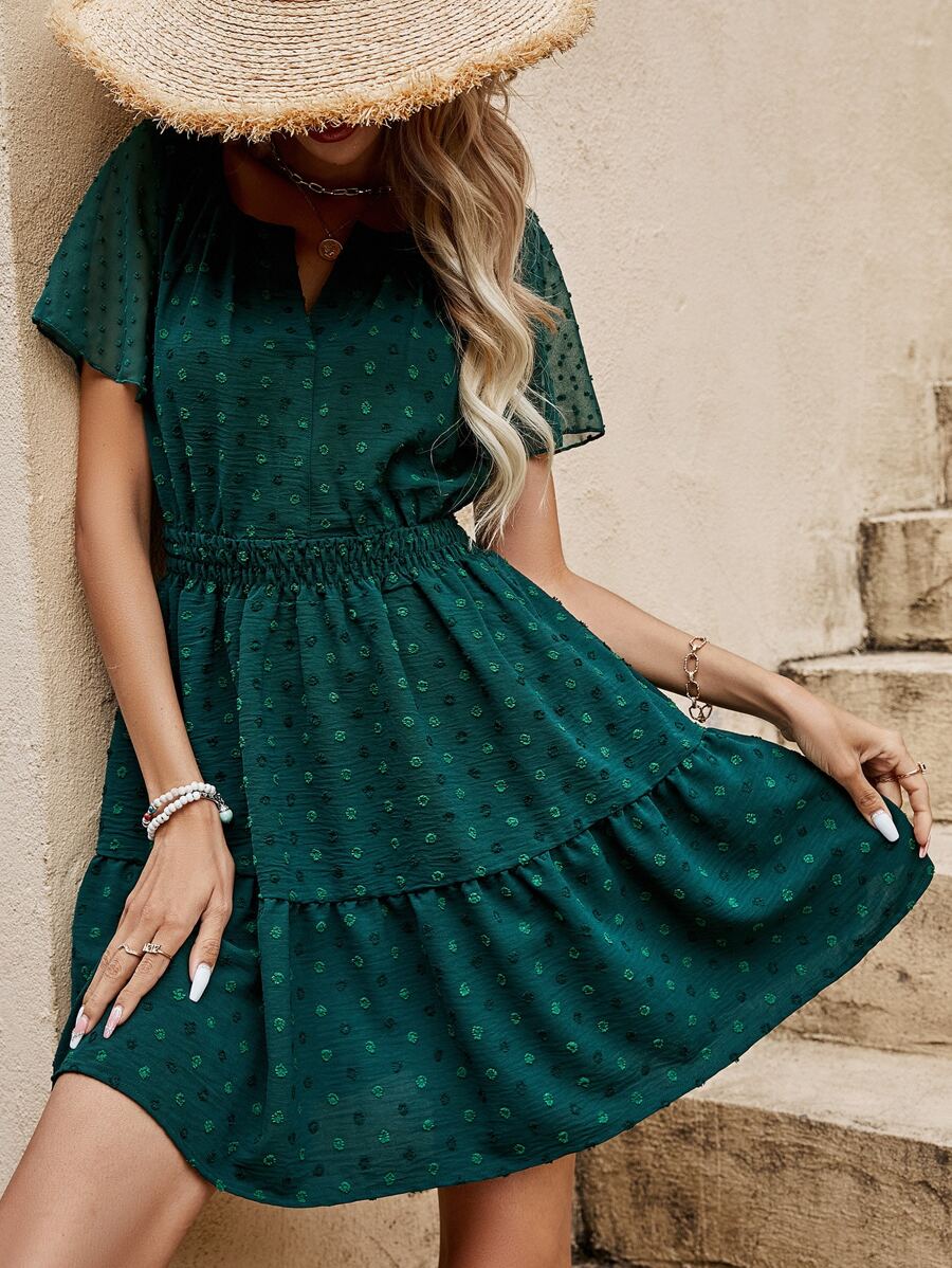 SHEIN VCAY Swiss Dot Notched Neck Ruffle Hem Dress - Dark Green - View 1