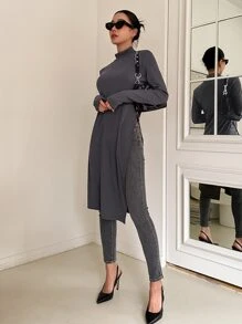 DAZY Mock Neck Split Hem Longline Tee Long Sleeve - Dark Grey - View 5