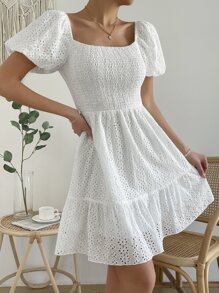 SHEIN VCAY Vestido schiffy de cuello cuadrado de manga farol bajo con fruncido - Blanco - Ver 5