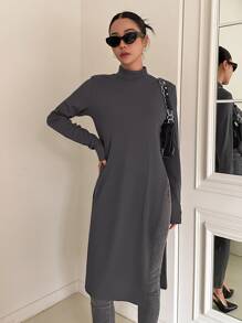 DAZY Mock Neck Split Hem Longline Tee Long Sleeve - Dark Grey - View 7