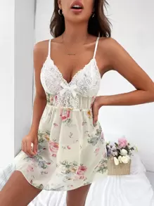 花卉印花对比色蕾丝蝴蝶结前部雪纺吊带睡衣睡裙 - 杏色 - 查看 6