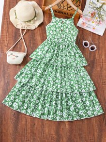 Chicas Vestido de tirantes con estampado floral bajo a capas - Verde - Ver 1