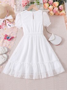 SHEIN Vestido Con Mangas Abullonadas Y Dobladillo Con Volantes Para Niñas En Edad Preadolescente Con Puntos Suizos - Blanco - Ver 2