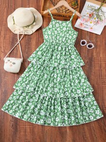 Chicas Vestido de tirantes con estampado floral bajo a capas - Verde - Ver 2