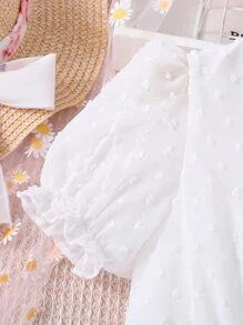 SHEIN Vestido Con Mangas Abullonadas Y Dobladillo Con Volantes Para Niñas En Edad Preadolescente Con Puntos Suizos - Blanco - Ver 3