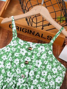 Chicas Vestido de tirantes con estampado floral bajo a capas - Verde - Ver 4