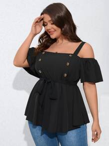 SHEIN LUNE Plus Cold Shoulder Fake Button Belted Peplum Blouse - Black - View 1