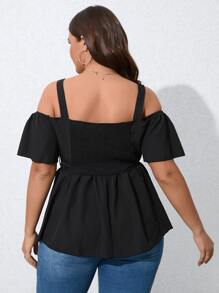 SHEIN LUNE Plus Cold Shoulder Fake Button Belted Peplum Blouse - Black - View 2
