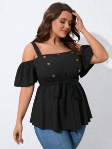 SHEIN LUNE Plus Cold Shoulder Fake Button Belted Peplum Blouse - Black - View 5