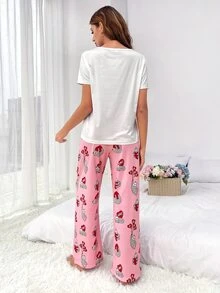 SHEIN Cartoon Graphic Tee & Trousers PJ Set - Multicolor - View 2