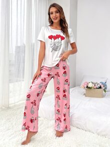 SHEIN Cartoon Graphic Tee & Trousers PJ Set - Multicolor - View 4