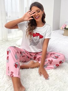 SHEIN Cartoon Graphic Tee & Trousers PJ Set - Multicolor - View 1