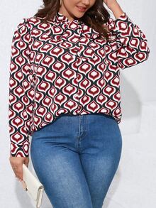 SHEIN LUNE Plus Allover Print Tie Neck Shirt - Multicolor - View 5