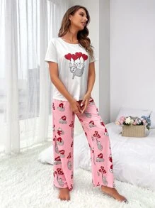 SHEIN Cartoon Graphic Tee & Trousers PJ Set - Multicolor - View 5