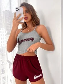 Letter Graphic Cami Top & Shorts Lounge Set - Multicolor - View 4