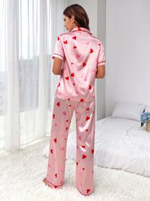 Heart Print Contrast Piping Satin PJ Set - Baby Pink - View 2