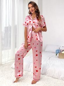 Heart Print Contrast Piping Satin PJ Set - Baby Pink - View 4