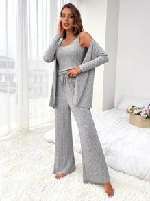 條紋針織外套和背心上衣和腰上打結長褲休閒服套裝 - 灰色 - 查看 4