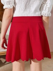 SHEIN 女孩貝殼邊喇叭下擺半身裙 - 紅色 - 查看 2