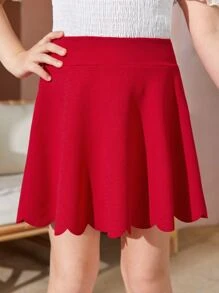 SHEIN 女孩貝殼邊喇叭下擺半身裙 - 紅色 - 查看 3