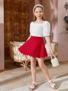 SHEIN 女孩貝殼邊喇叭下擺半身裙 - 紅色 - 查看 5