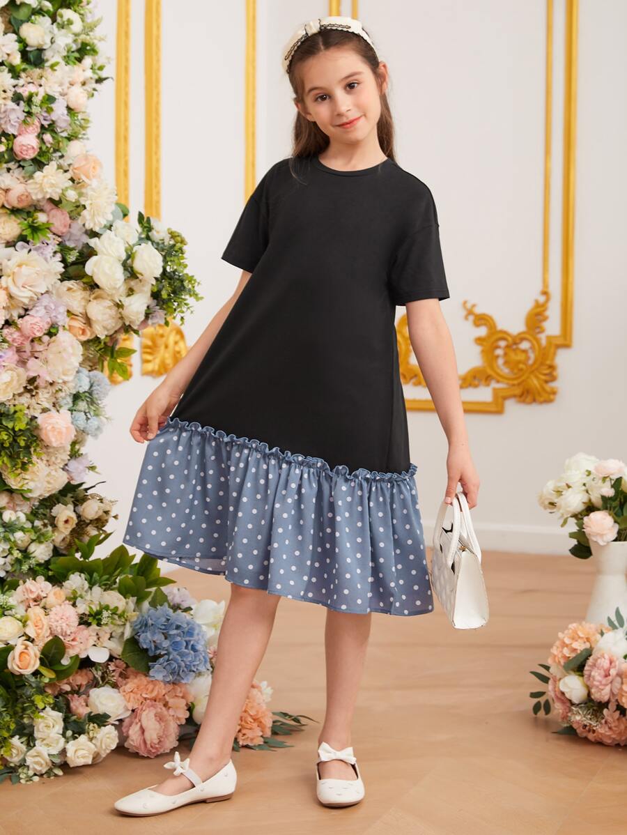 SHEIN Tween Girls' Summer Casual Polka Dot Print Patchwork Dress