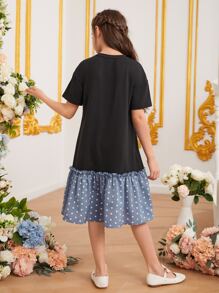 SHEIN Tween Girls' Summer Casual Polka Dot Print Patchwork Dress
