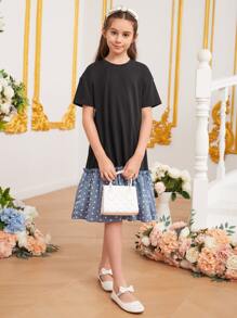 SHEIN Tween Girls' Summer Casual Polka Dot Print Patchwork Dress