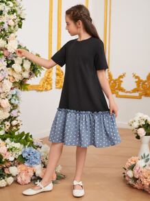 SHEIN Tween Girls' Summer Casual Polka Dot Print Patchwork Dress