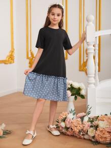 SHEIN Tween Girls' Summer Casual Polka Dot Print Patchwork Dress