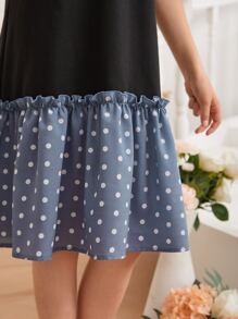 SHEIN Tween Girls' Summer Casual Polka Dot Print Patchwork Dress