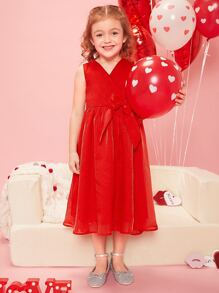 SHEIN 小女童1入組素色腰帶歐根紗洋裝