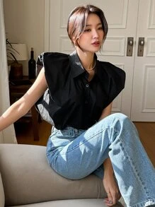 DAZY 實色鈕扣前衣服 - 黑色 - 查看 1